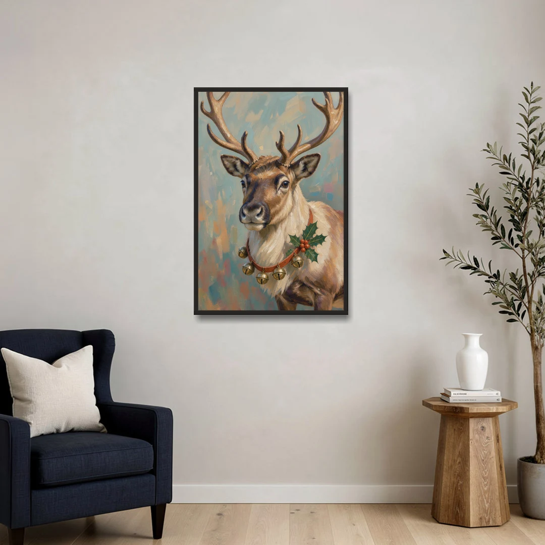 Reindeer with Jingle Bell Collar and Holly - Black Framed Canvas Wall Art - Sofa - 24x36