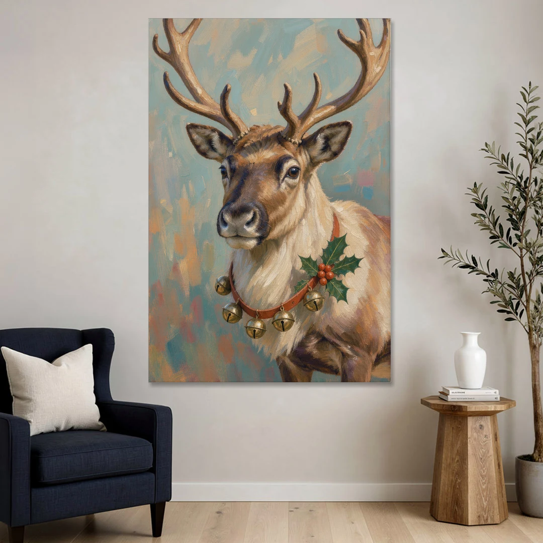 Reindeer with Jingle Bell Collar and Holly - Canvas Wall Art - Sofa - 40x60