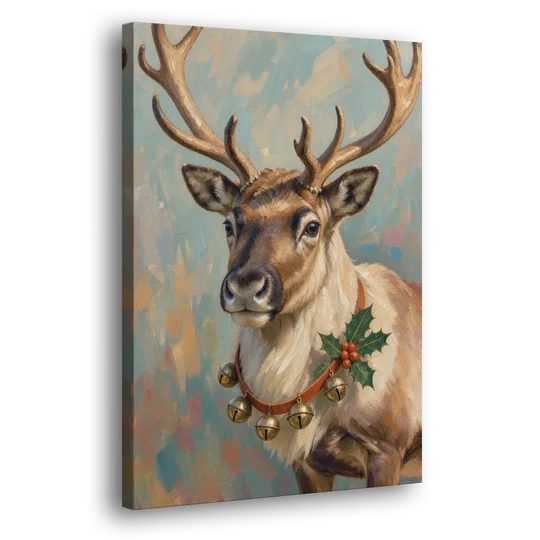 Reindeer with Jingle Bell Collar and Holly - Canvas Wall Art - Side