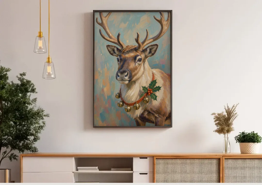 Reindeer with Jingle Bell Collar and Holly canvas wall art above a wooden sideboard under pendant lights