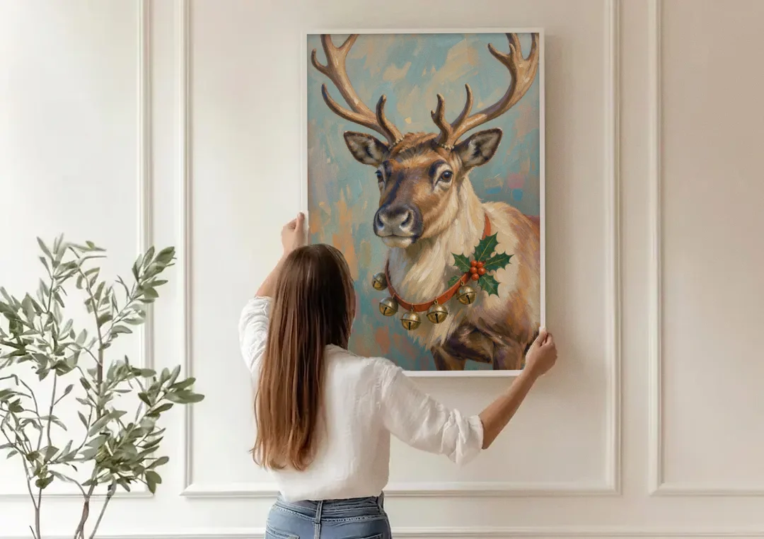 Reindeer with Jingle Bell Collar and Holly canvas wall art being hung on a paneled wall