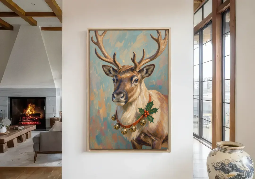 Reindeer with Jingle Bell Collar and Holly canvas wall art in a living room with a fireplace