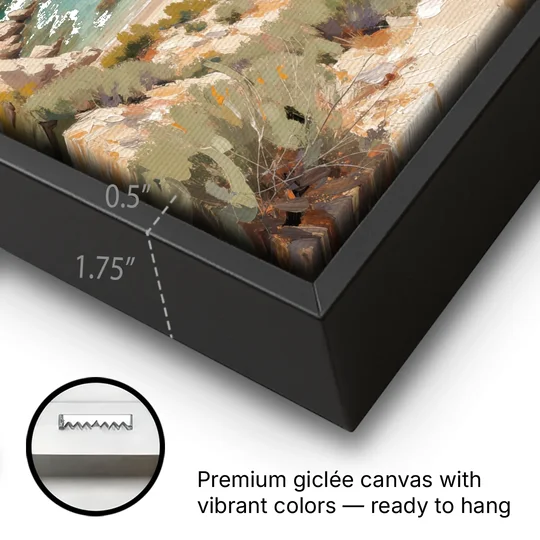 Relaxing Ochre Cliff Cove for the Spa Bathroom - Black Framed Canvas Wall Art - Gallery Wrap Corner