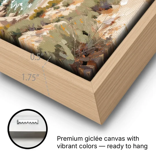 Relaxing Ochre Cliff Cove for the Spa Bathroom - Oak Framed Canvas Wall Art - Gallery Wrap Corner