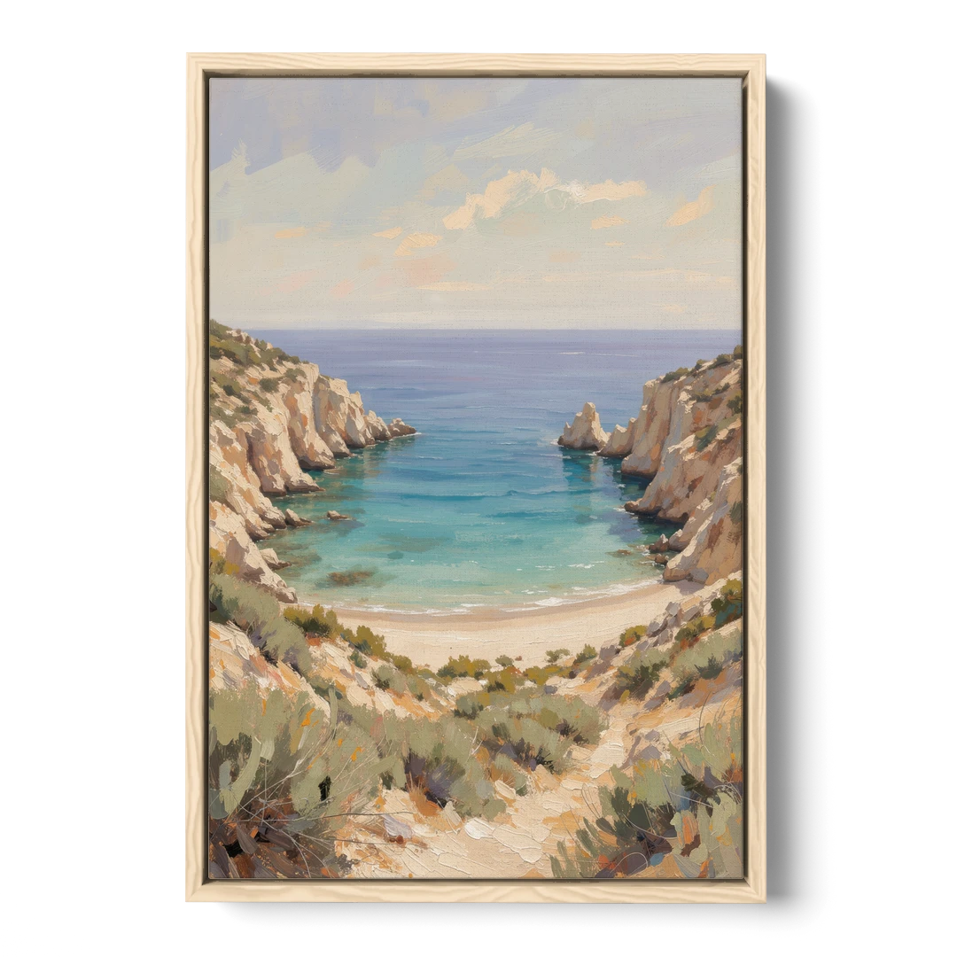 Relaxing Ochre Cliff Cove for the Spa Bathroom - Oak Framed Canvas Wall Art - Front