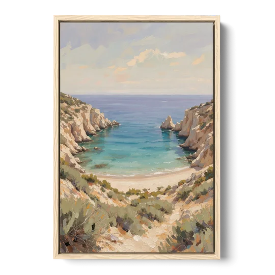 Relaxing Ochre Cliff Cove for the Spa Bathroom - Oak Framed Canvas Wall Art - Front
