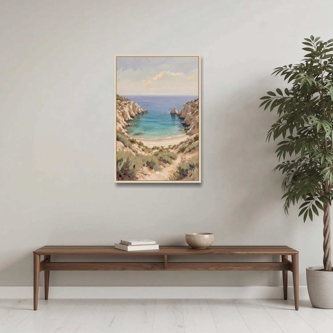 Relaxing Ochre Cliff Cove for the Spa Bathroom - Oak Framed Canvas Wall Art - Coffee Table - 24x36