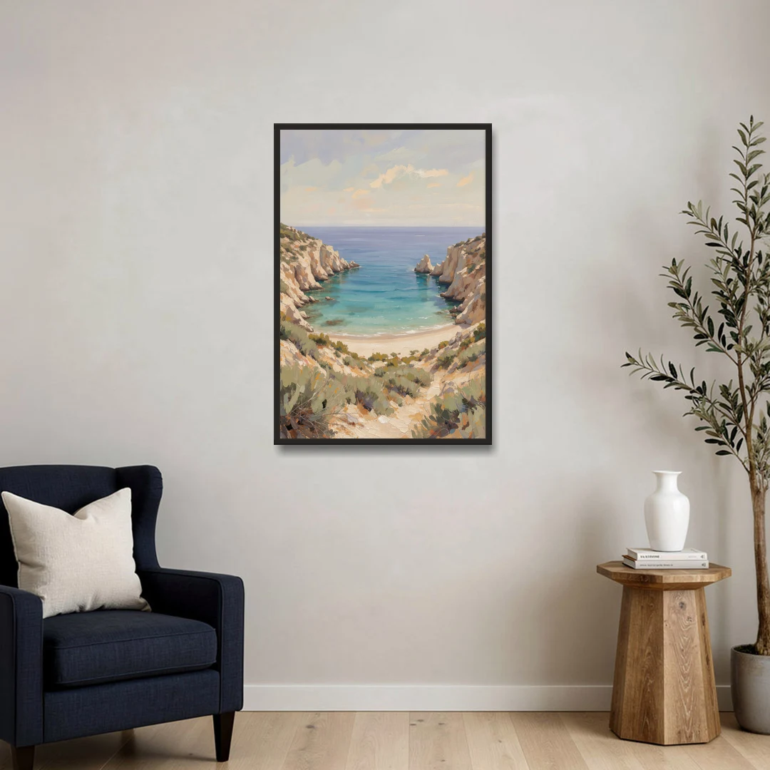 Relaxing Ochre Cliff Cove for the Spa Bathroom - Black Framed Canvas Wall Art - Sofa - 24x36