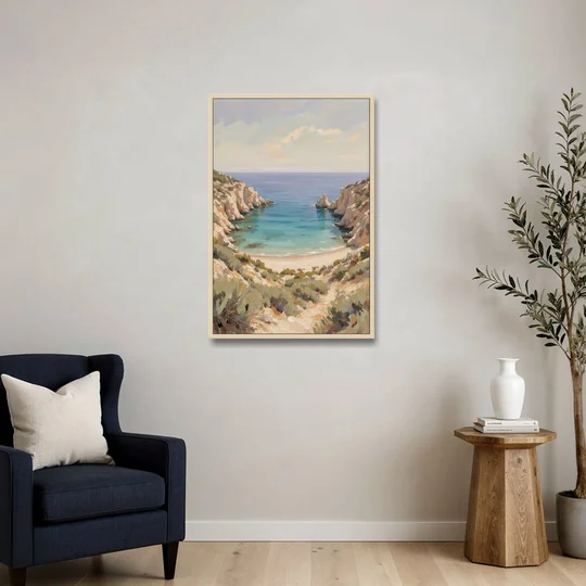 Relaxing Ochre Cliff Cove for the Spa Bathroom - Oak Framed Canvas Wall Art - Sofa - 24x36