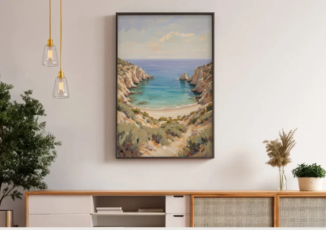 Relaxing Ochre Cliff Cove for the Spa Bathroom canvas wall art above a wooden sideboard under pendant lights