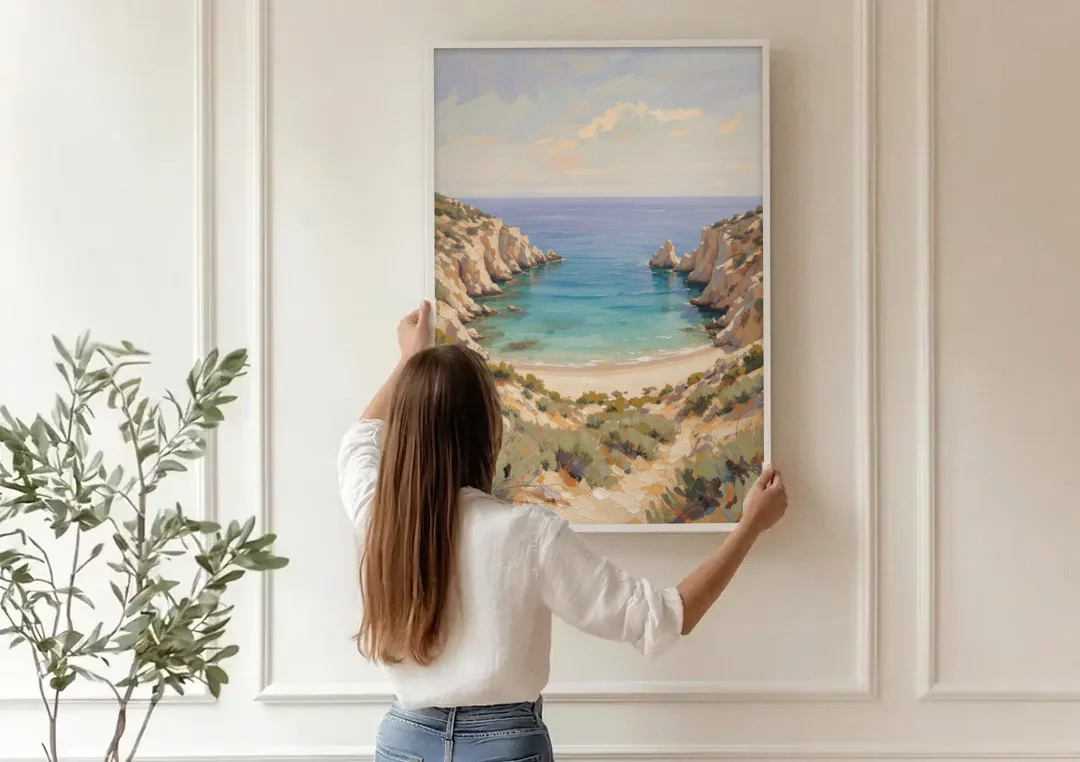 Relaxing Ochre Cliff Cove for the Spa Bathroom canvas wall art being hung on a paneled wall