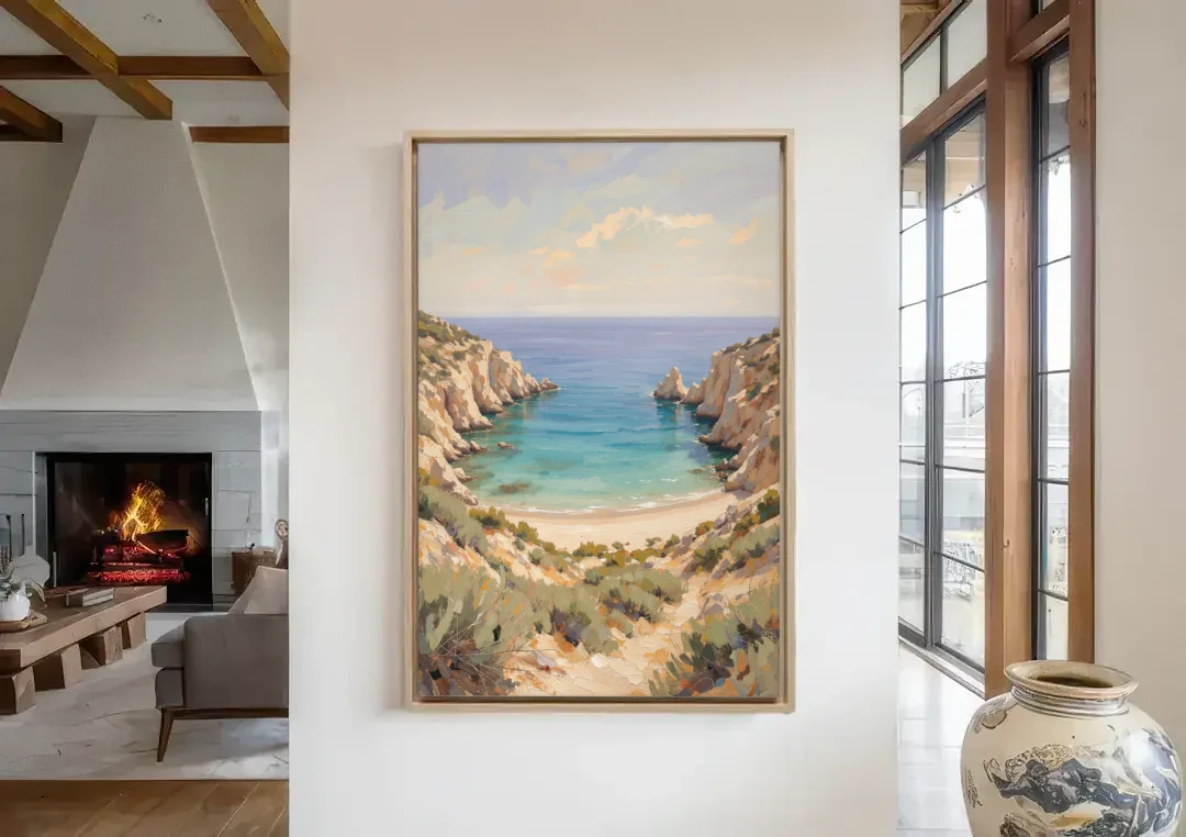 Relaxing Ochre Cliff Cove for the Spa Bathroom canvas wall art in a living room with a fireplace
