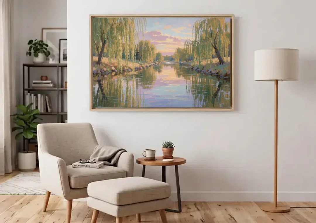 Relaxing Wall Art for Bedroom Willow River Glow canvas wall art above an armchair in a bright living room
