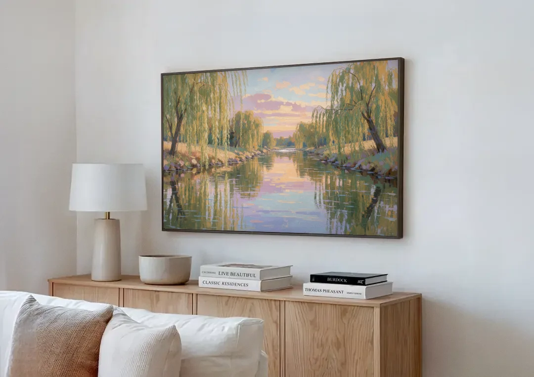 Relaxing Wall Art for Bedroom Willow River Glow canvas wall art above a wooden sideboard next to a sofa
