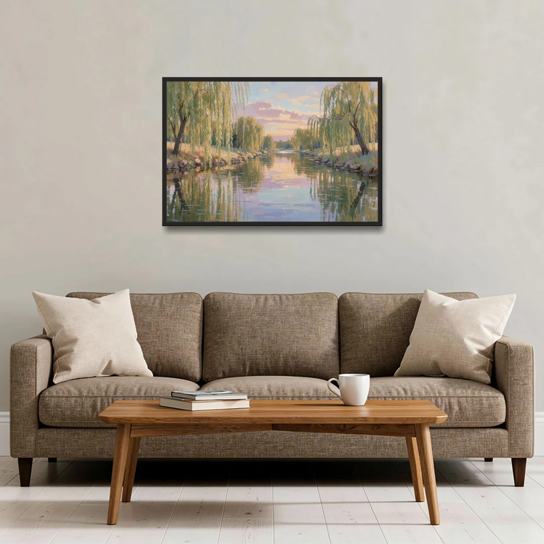 Relaxing Wall Art for Bedroom Willow River Glow - Black Framed Canvas Wall Art - Sofa - 36x24