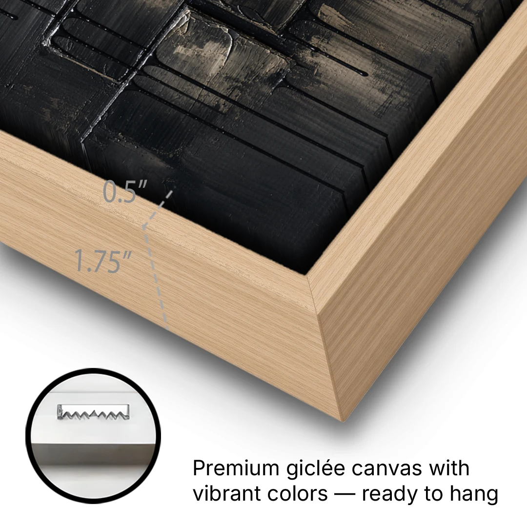 Relief Wall Art of Stacked Charcoal Blocks - Oak Framed Canvas Wall Art - Gallery Wrap Corner