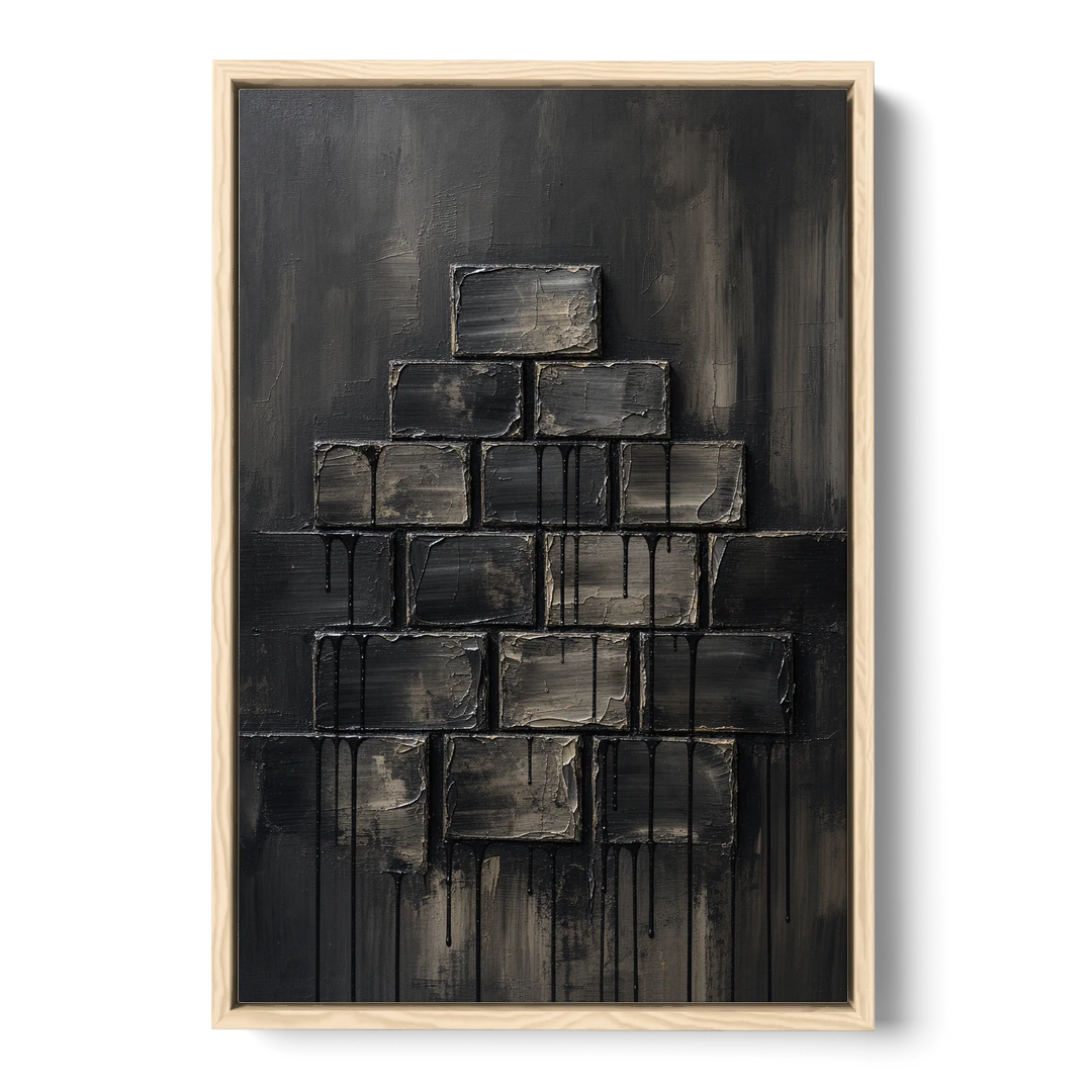 Relief Wall Art of Stacked Charcoal Blocks - Oak Framed Canvas Wall Art - Front