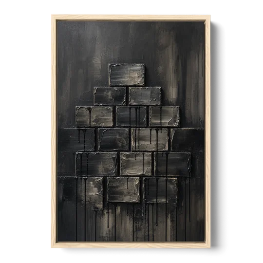Relief Wall Art of Stacked Charcoal Blocks - Oak Framed Canvas Wall Art - Front
