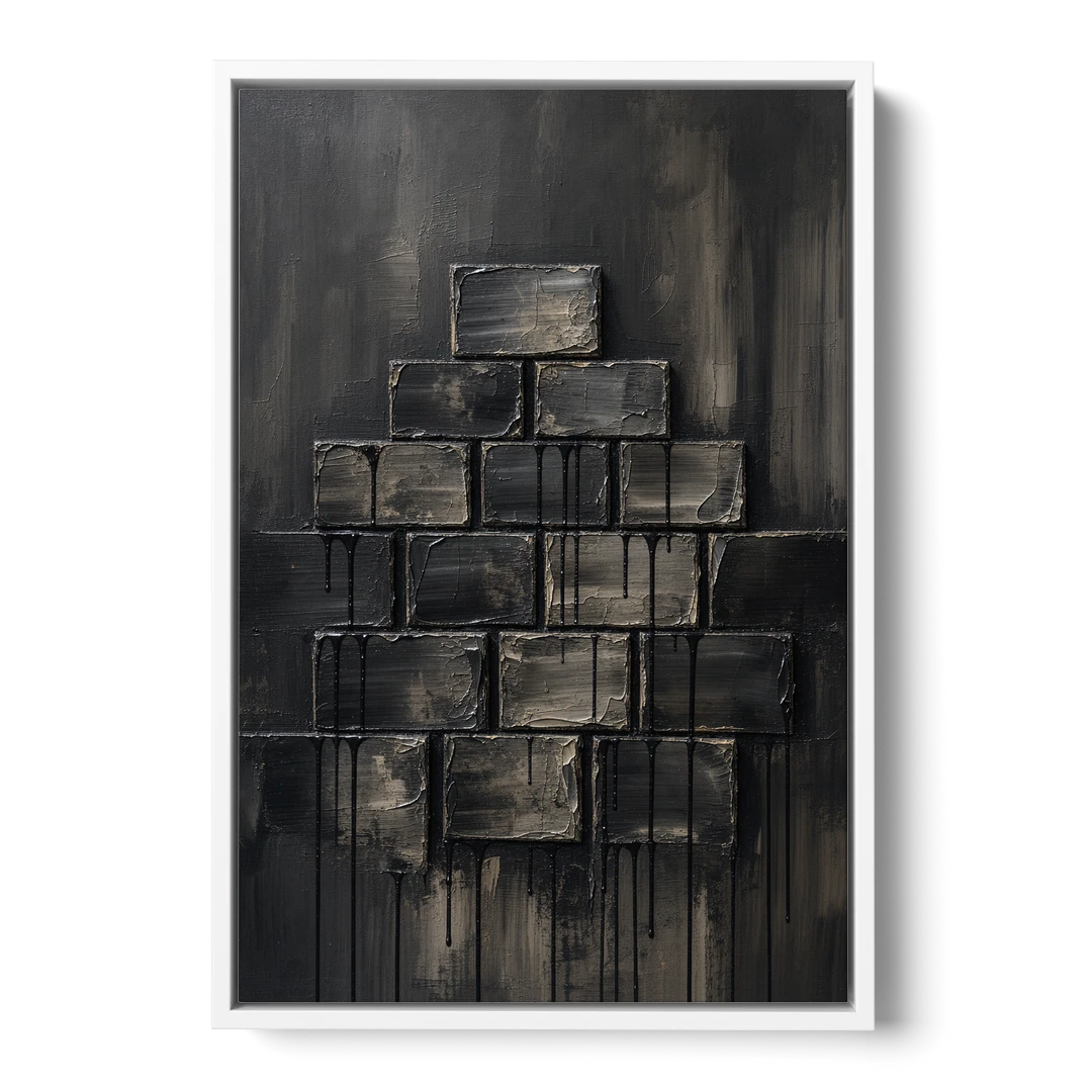 Relief Wall Art of Stacked Charcoal Blocks - White Framed Canvas Wall Art - Front