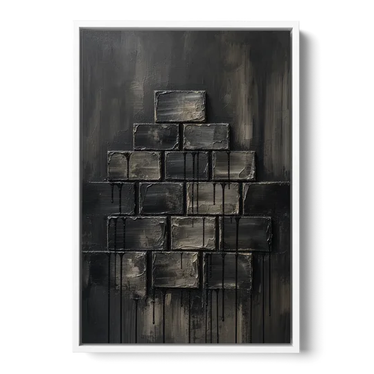 Relief Wall Art of Stacked Charcoal Blocks - White Framed Canvas Wall Art - Front