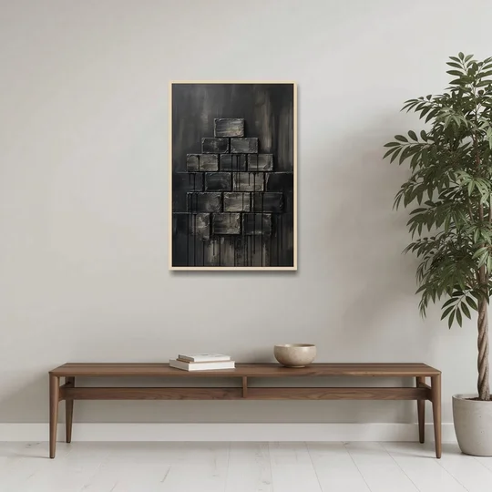 Relief Wall Art of Stacked Charcoal Blocks - Oak Framed Canvas Wall Art - Coffee Table - 24x36