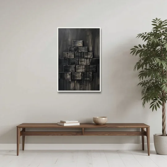 Relief Wall Art of Stacked Charcoal Blocks - White Framed Canvas Wall Art - Coffee Table - 24x36