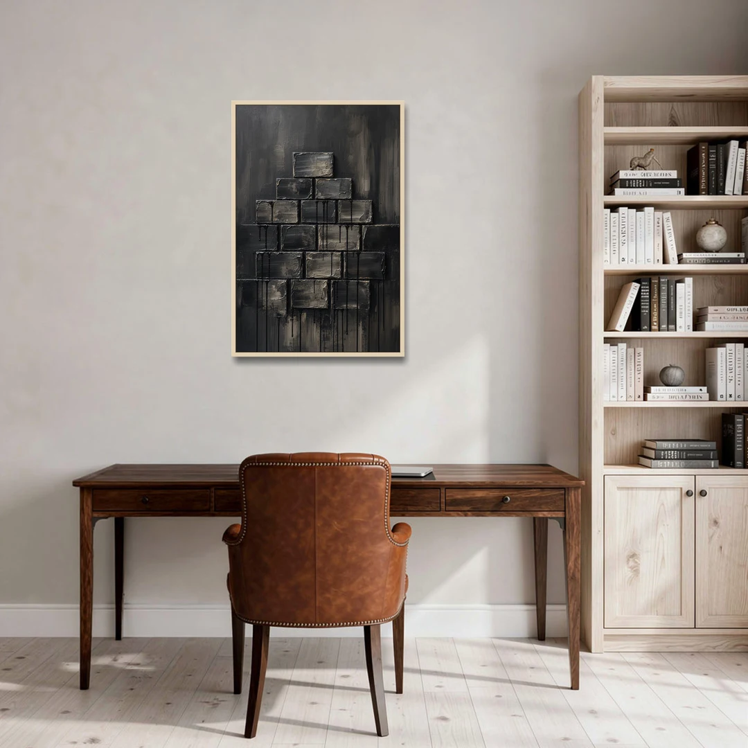 Relief Wall Art of Stacked Charcoal Blocks - Oak Framed Canvas Wall Art - Office - 24x36