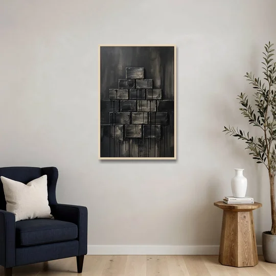Relief Wall Art of Stacked Charcoal Blocks - Oak Framed Canvas Wall Art - Sofa - 24x36