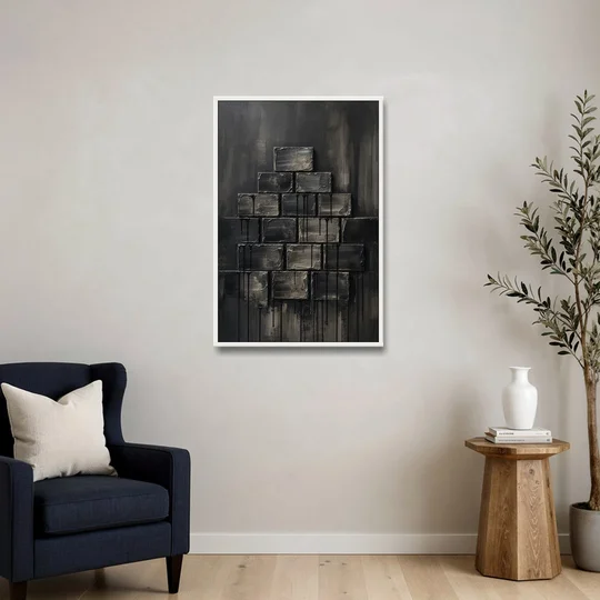 Relief Wall Art of Stacked Charcoal Blocks - White Framed Canvas Wall Art - Sofa - 24x36