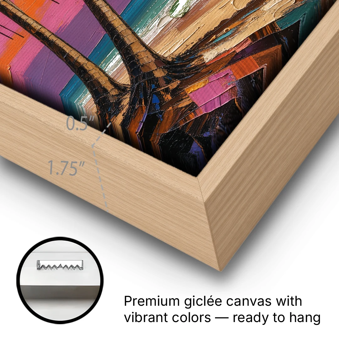 Retro Beach Wall Art with Palm Trees at Sunset - Oak Framed Canvas Wall Art - Gallery Wrap Corner