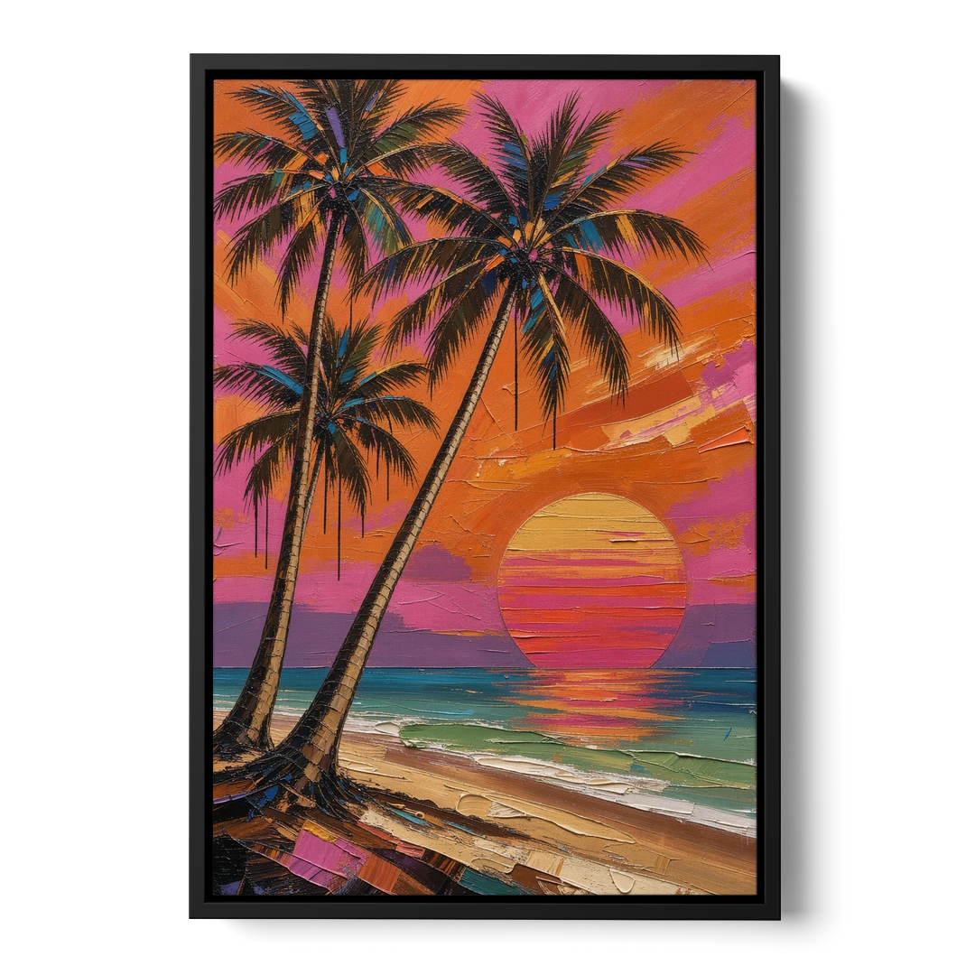 Retro Beach Wall Art with Palm Trees at Sunset - Black Framed Canvas Wall Art - Front