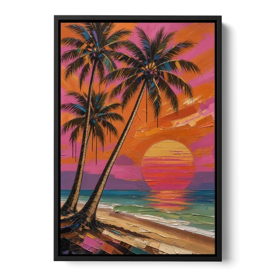 Retro Beach Wall Art with Palm Trees at Sunset - Black Framed Canvas Wall Art - Front