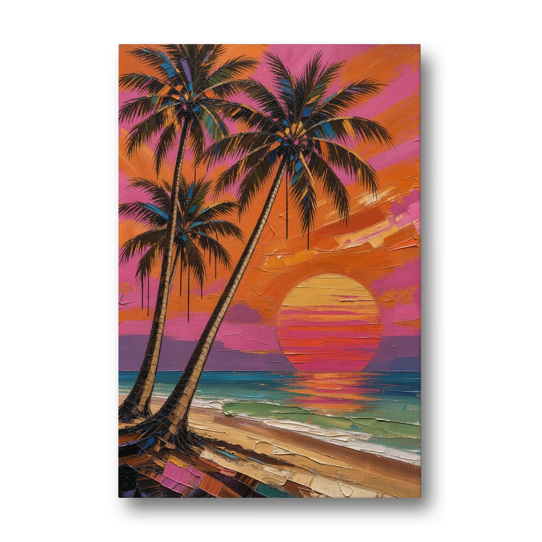Retro Beach Wall Art with Palm Trees at Sunset - Canvas Wall Art - Front
