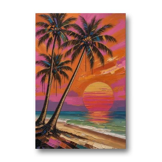 Retro Beach Wall Art with Palm Trees at Sunset - Canvas Wall Art - Front