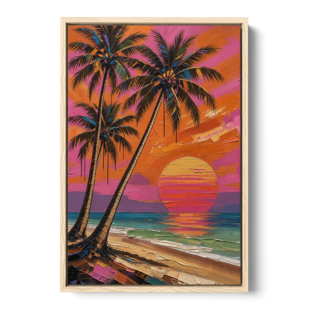 Retro Beach Wall Art with Palm Trees at Sunset - Oak Framed Canvas Wall Art - Front