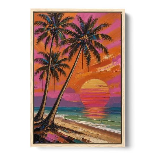 Retro Beach Wall Art with Palm Trees at Sunset - Oak Framed Canvas Wall Art - Front