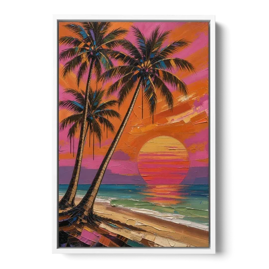 Retro Beach Wall Art with Palm Trees at Sunset - White Framed Canvas Wall Art - Front