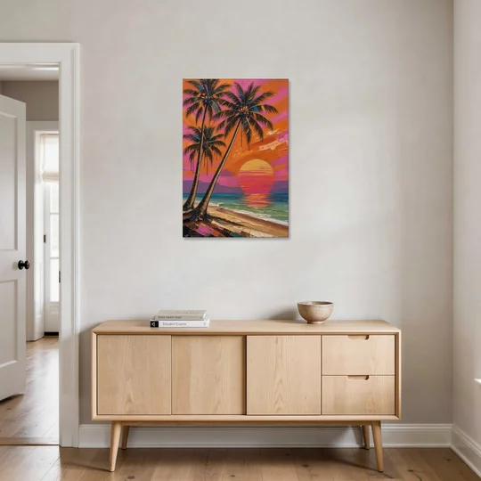 Retro Beach Wall Art with Palm Trees at Sunset - Canvas Wall Art - Coffee Table - 24x36