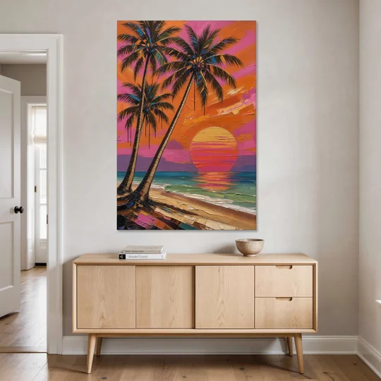 Retro Beach Wall Art with Palm Trees at Sunset - Canvas Wall Art - Coffee Table - 40x60