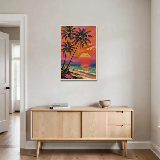 Retro Beach Wall Art with Palm Trees at Sunset - Oak Framed Canvas Wall Art - Coffee Table - 24x36