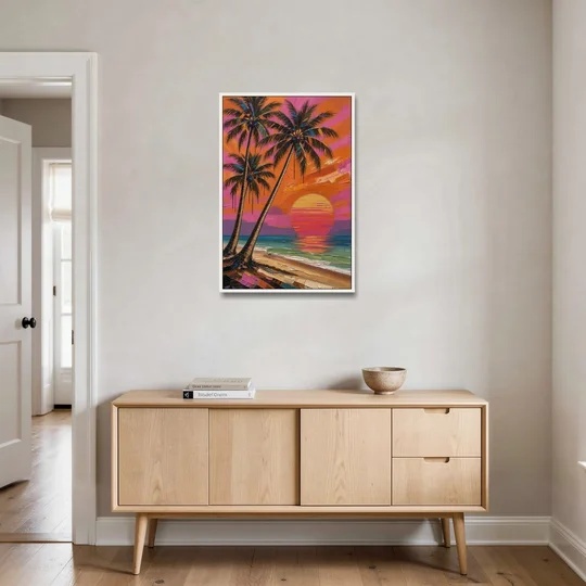 Retro Beach Wall Art with Palm Trees at Sunset - White Framed Canvas Wall Art - Coffee Table - 24x36