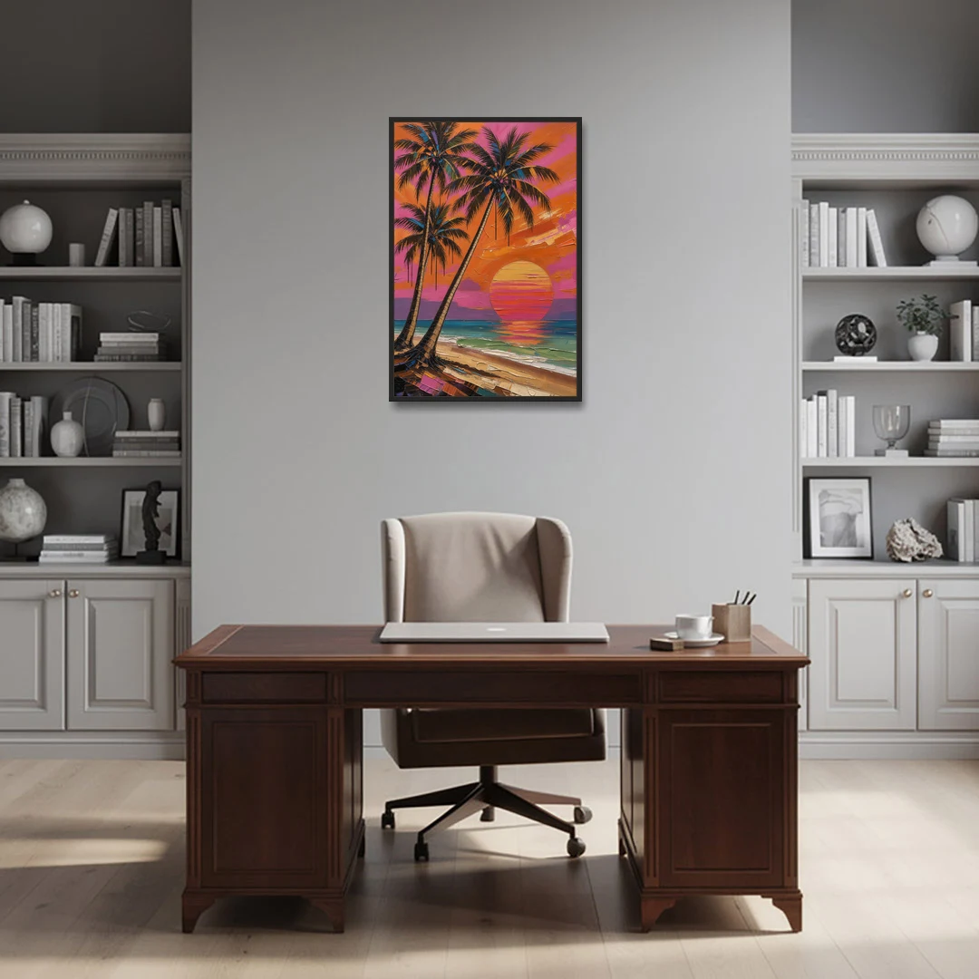 Retro Beach Wall Art with Palm Trees at Sunset - Black Framed Canvas Wall Art - Office - 24x36