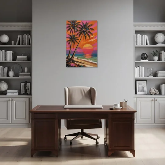 Retro Beach Wall Art with Palm Trees at Sunset - Canvas Wall Art - Office - 24x36