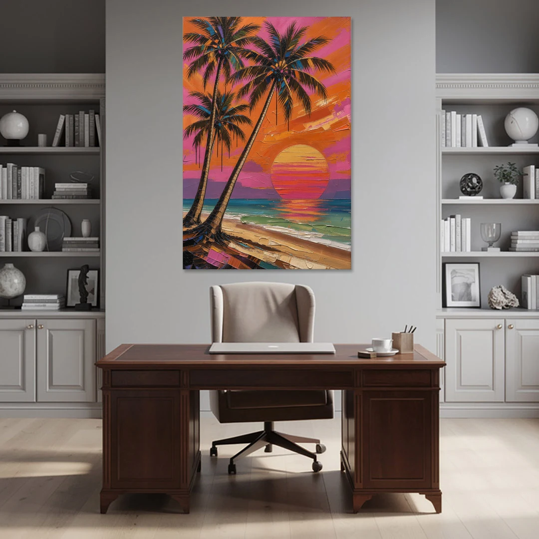 Retro Beach Wall Art with Palm Trees at Sunset - Canvas Wall Art - Office - 40x60