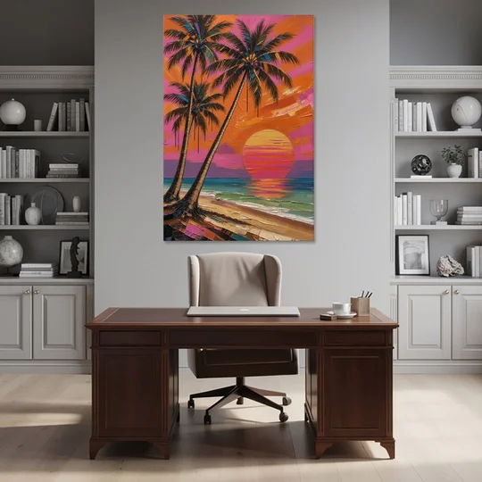 Retro Beach Wall Art with Palm Trees at Sunset - Canvas Wall Art - Office - 40x60