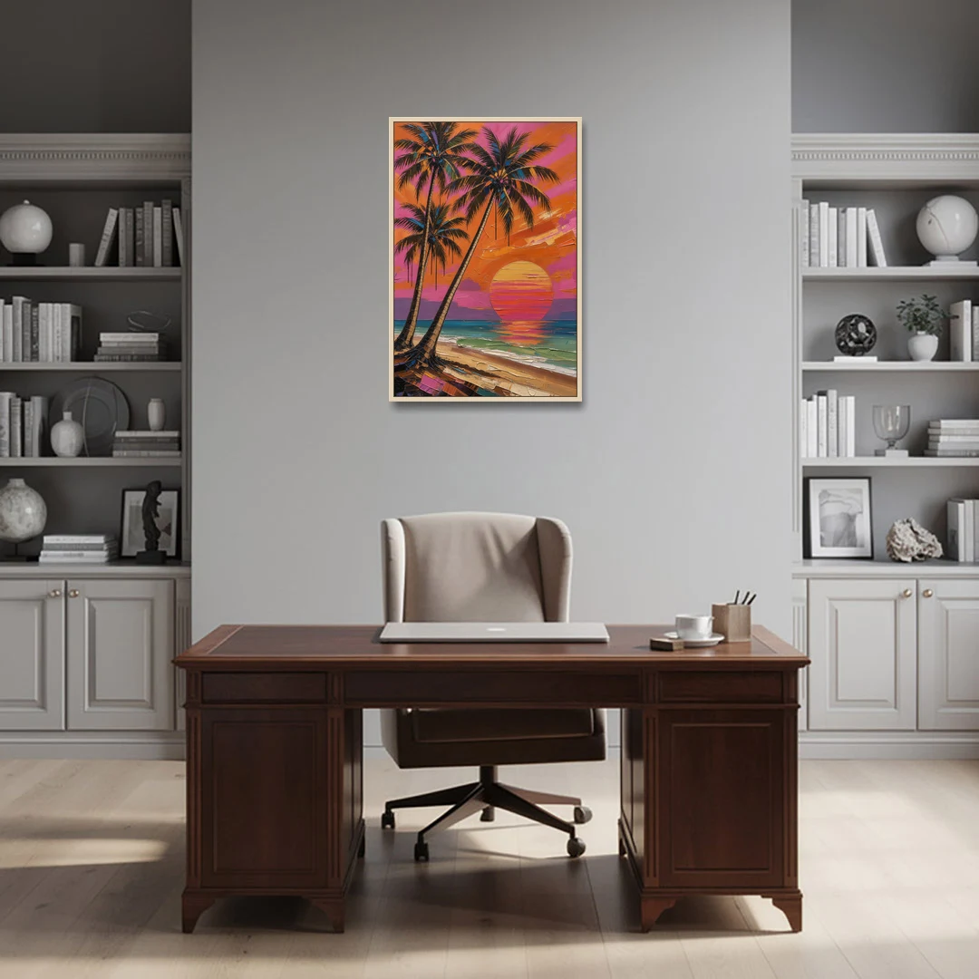 Retro Beach Wall Art with Palm Trees at Sunset - Oak Framed Canvas Wall Art - Office - 24x36