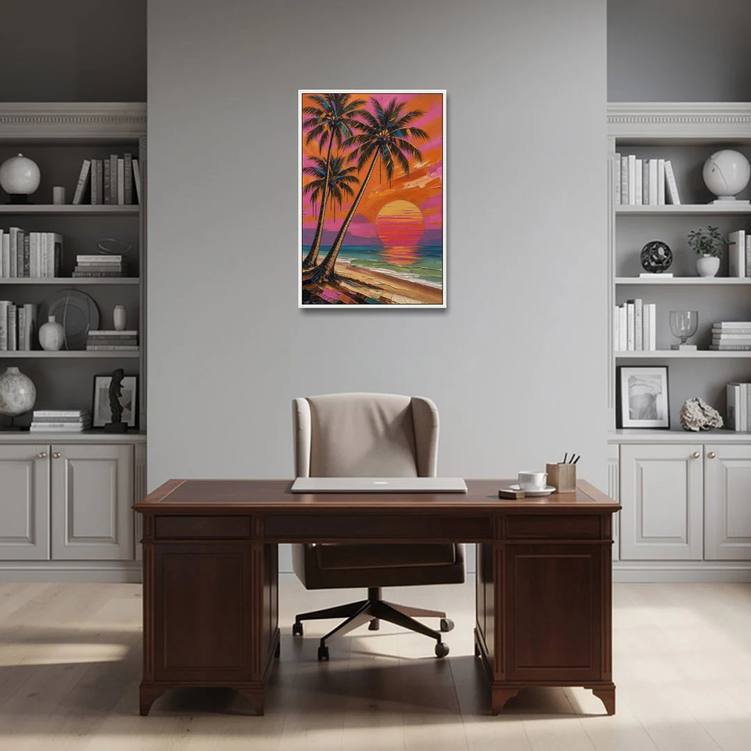 Retro Beach Wall Art with Palm Trees at Sunset - White Framed Canvas Wall Art - Office - 24x36