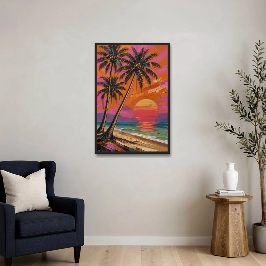 Retro Beach Wall Art with Palm Trees at Sunset - Black Framed Canvas Wall Art - Sofa - 24x36