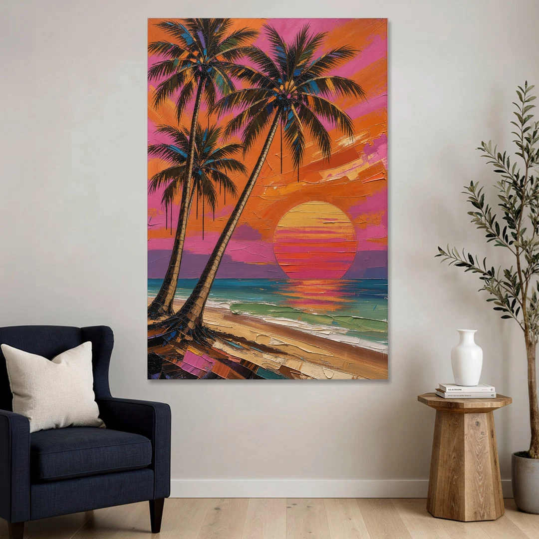 Retro Beach Wall Art with Palm Trees at Sunset - Canvas Wall Art - Sofa - 40x60