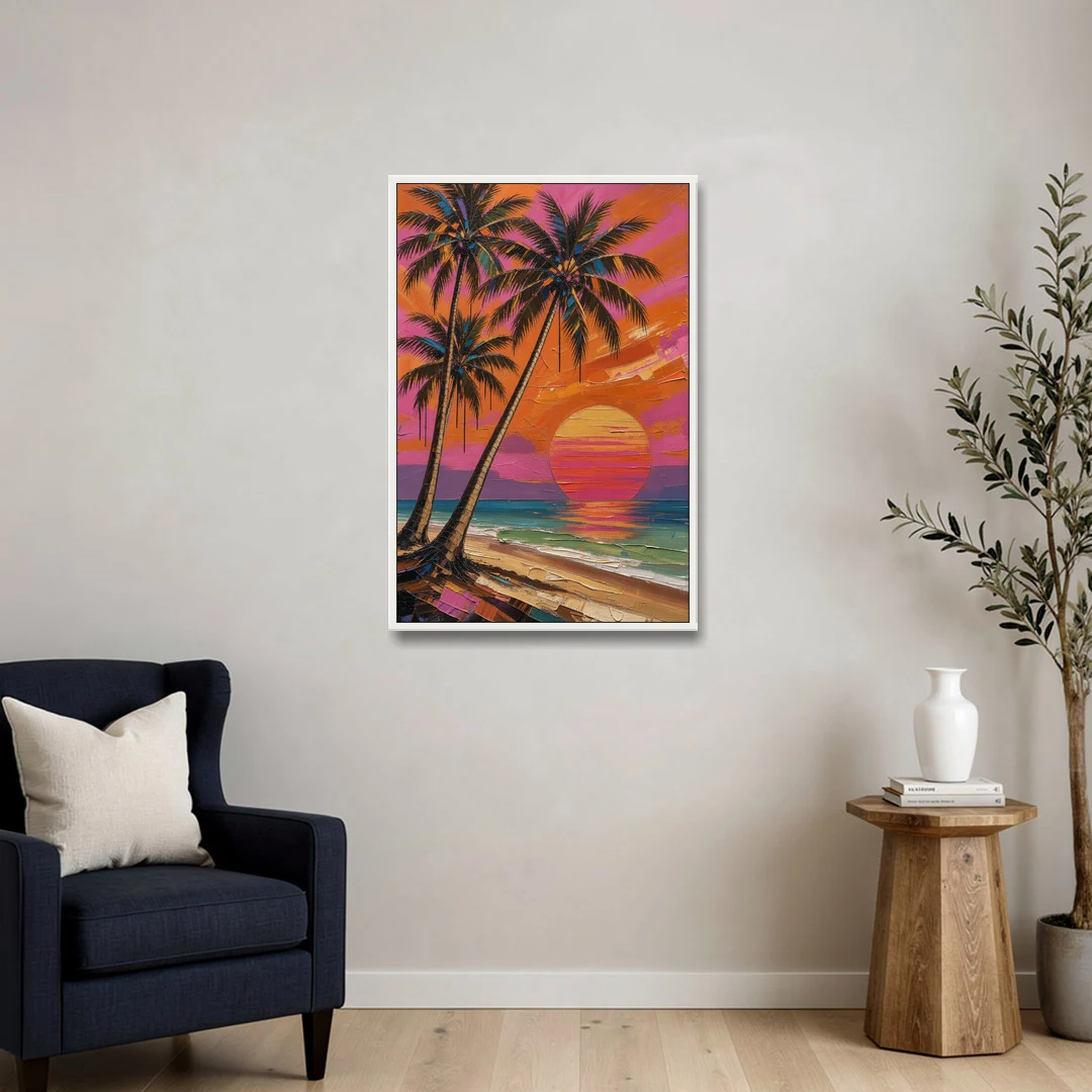 Retro Beach Wall Art with Palm Trees at Sunset - White Framed Canvas Wall Art - Sofa - 24x36